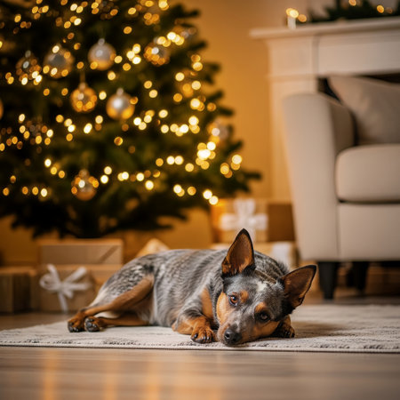 An Australian Cattle Dog lies peacefully on a rug in a cozy living room. A beautifully decorated Christmas tree with glowing lights and wrapped presents sets a warm holiday atmosphere.の素材