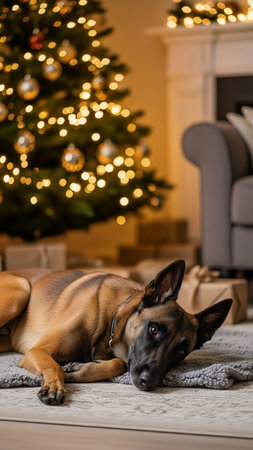 A relaxed Belgian Malinois dog lies calmly on a gray rug in a festive home setting. The warm glow of a decorated Christmas tree creates a serene holiday atmosphere in the background.の素材
