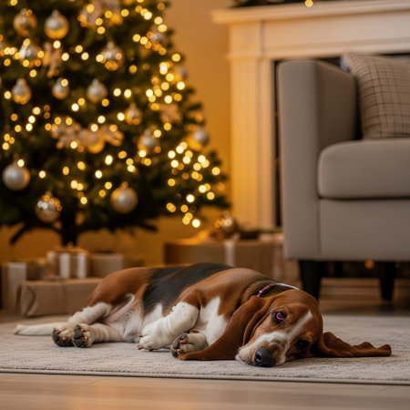 A gentle Basset Hound rests peacefully on the floor in a cozy living room. Soft holiday lights from a beautifully decorated Christmas tree create a warm and festive atmosphere.の素材