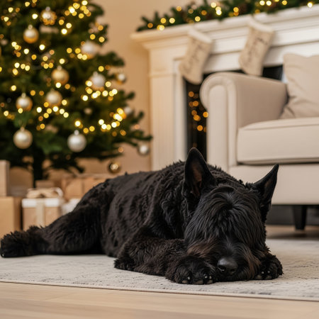 A large black dog peacefully rests on a rug in a festive living room. A beautifully lit Christmas tree, wrapped gifts, and a decorated fireplace create a warm holiday atmosphere.の素材