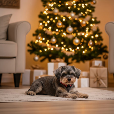An adorable puppy relaxes on a rug in a cozy home setting. A decorated Christmas tree with glowing lights and wrapped presents is visible in the background, creating a festive atmosphere.の素材