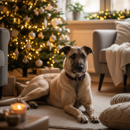 A furry dog peacefully rests on a rug in a cozy living room, surrounded by festive Christmas decorations. The warm lights of the Christmas tree and a gentle candle glow create a serene holiday atmosphの素材