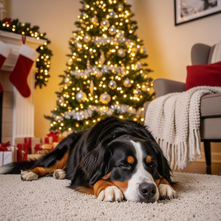 A beautiful Bernese Mountain Dog rests peacefully on the carpet in a cozy living room, surrounded by festive Christmas decorations. Bright Christmas tree lights contribute to a warm, serene holiday hoの素材