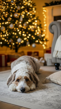 A cute dog rests peacefully on a rug in a cozy home, surrounded by festive Christmas decorations. Warm lighting from the holiday tree illuminates gift boxes, creating a serene and inviting atmosphere.の素材