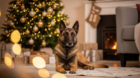 A beautiful Belgian Malinois dog lies peacefully on a rug in a warm, festive living room. A glowing Christmas tree and a cozy fireplace create a serene holiday atmosphere.の素材