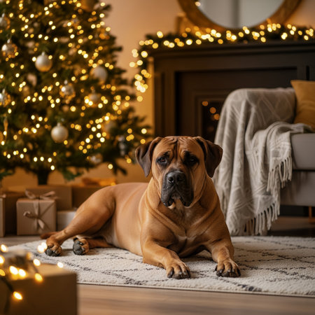 A majestic dog rests peacefully on a rug in a beautifully decorated living room. The cozy space features a sparkling Christmas tree and warm holiday lights, creating a festive atmosphere.の素材