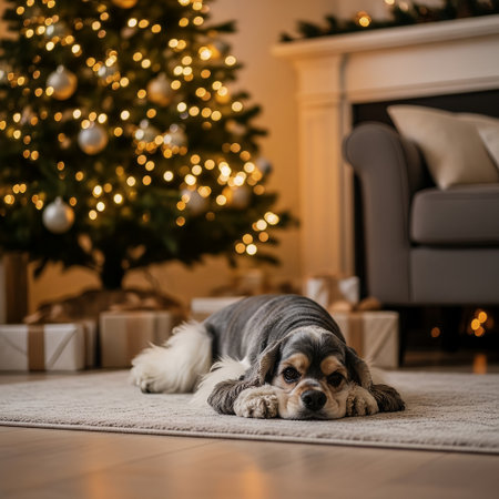An adorable dog rests peacefully on a rug in a cozy living room. A beautifully decorated Christmas tree with warm lights and wrapped presents fills the background, creating a festive holiday atmospherの素材