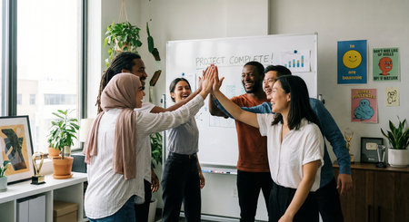 A diverse team of multi-ethnic professionals celebrates the successful completion of a project with high-fives in a modern office. Their joyful collaboration and shared accomplishment reflect strong tの素材