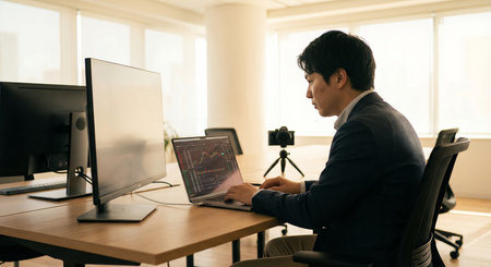 A professional business man is intently focused on trading financial and investment data displayed on his laptop screen in a bright, modern office environment. He uses technology for analysis and planの素材
