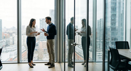 Two business professionals stand by a large office window, engaged in a focused discussion while reviewing information on a digital tablet. The modern cityscape provides a dynamic backdrop to their coの素材