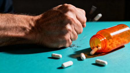 A person's clenched fist slams onto a vibrant turquoise surface, next to an overturned orange pill bottle with scattered white and orange capsules. This image conveys themes of frustration, drug abuseの素材