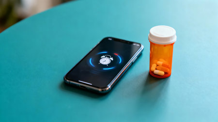 A smartphone displaying an alarm clock icon rests beside an orange pill bottle filled with medication capsules on a teal surface. This image suggests daily health reminders and the integration of techの素材