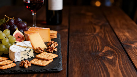 A sophisticated gourmet cheese board featuring various cheeses, fresh grapes, figs, walnuts, and crackers is elegantly presented. A glass of red wine and a bottle are visible in the soft background onの素材