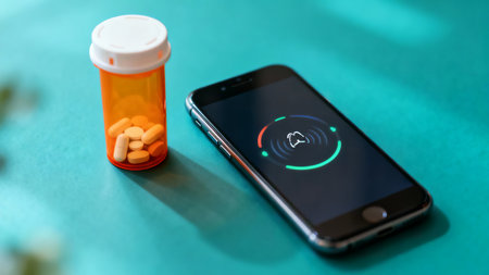 An orange pill bottle filled with various medications sits beside a smartphone displaying a health reminder notification. This image symbolizes modern healthcare and digital well-being management.の素材