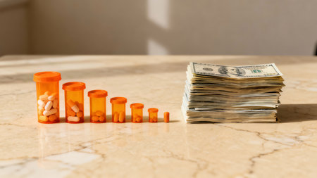 This image visually represents the significant financial burden of healthcare and medication costs. A row of decreasing pill bottles stands opposite a large stack of cash, symbolizing rising expensesの素材