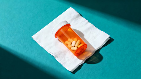 An orange prescription bottle containing various white and yellow pills rests on a folded white tissue. The medical supplies are placed on a vibrant teal background, featuring a strong cast shadow.の素材