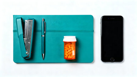 An overhead shot features teal office stationery, a medicine bottle, and a mobile phone on a pristine white surface. The items are arranged in a clean, flat lay style, representing modern daily essentの素材