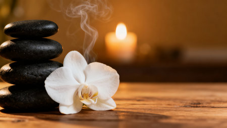 A tranquil spa setting features a stack of smooth, dark massage stones next to a delicate white orchid. Soft smoke curls upwards, illuminated by a warm, blurred candlelight, creating a serene and peacの素材