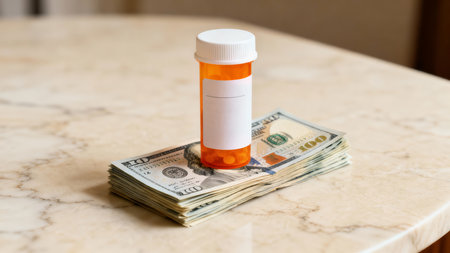 An orange prescription pill bottle sits on a pile of US one hundred dollar bills, illustrating the high cost of medication and healthcare expenses.の素材