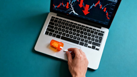 A person's hand picks up a pill from a laptop trackpad, beside an overturned pill bottle. The laptop screen displays a stock market chart showing a severe financial downturn with red arrows. This illuの素材