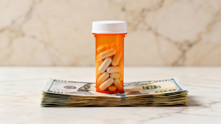 An orange prescription bottle containing various pills rests on a stack of US dollar bills, illustrating the high cost of medicine and healthcare expenses.の素材