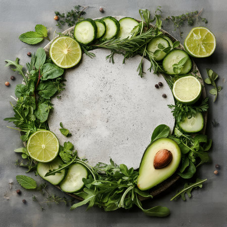 A vibrant circular wreath of fresh green healthy ingredients arranged on a textured grey concrete plate, offering ample copy space. This flat lay composition highlights organic produce and a clean dieの素材