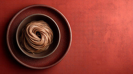 A minimalist top view of soba noodles in a ceramic bowl, resting on a textured red background. This elegant food composition provides ample copy space for culinary or healthy eating themes.の素材