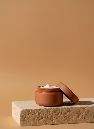 An open terracotta jar of beauty cream is displayed on a textured stone pedestal. This natural skincare product embodies a clean, minimalist aesthetic, promoting health and well-being.の素材