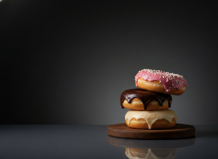 A tempting stack of three glazed donuts in pink, chocolate, and vanilla flavors is presented on a wooden board against a dark background. This delightful dessert showcases rich colors and textures.の素材