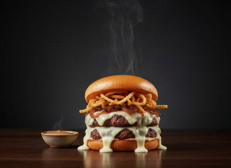 This delicious double cheeseburger is stacked with melted cheese, caramelized onions, and crispy fried onion strings, emitting steam. It's presented on a wooden table against a dark backdrop.の素材