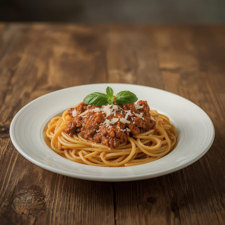 A plate of classic spaghetti bolognese is served on a rustic wooden table. This traditional Italian pasta dish is garnished with fresh basil and grated Parmesan cheese, creating an inviting and heartyの素材