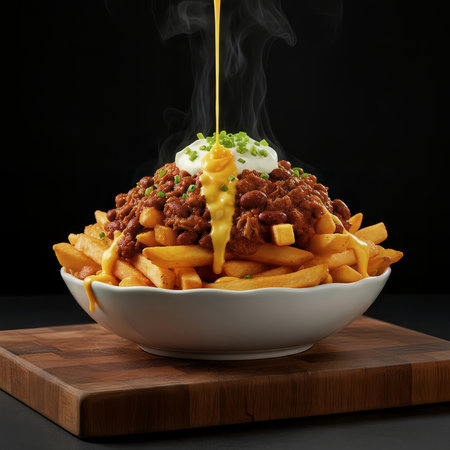 Piping hot chili cheese fries are presented in a white bowl on a wooden board. A stream of rich, melted cheese sauce cascades over the hearty beef chili, sour cream, and fresh chives, emitting steam.の素材