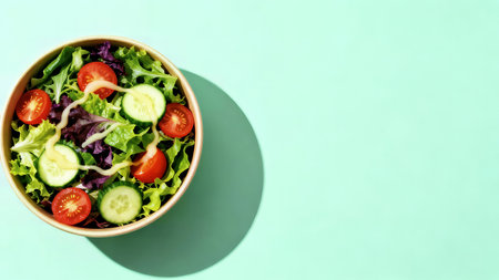 A fresh and vibrant healthy salad is presented in a disposable paper bowl. This plant-based meal features crisp lettuce, juicy tomatoes, and sliced cucumber on a bright mint green background.の素材