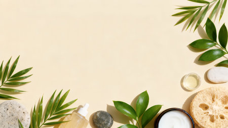 A flat lay arrangement of natural skincare products, green leaves, and smooth stones on a light background. This minimalist composition creates an aesthetic frame for text.の素材