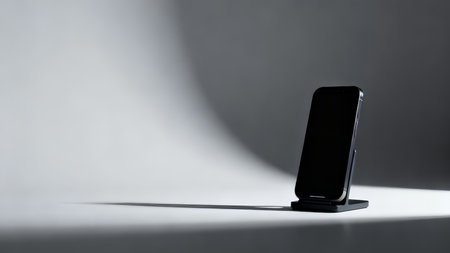 A sleek smartphone rests in a black stand against a neutral grey background, creating a minimalist composition. Strong, dramatic shadows highlight the modern technology and clean design of the device.の素材