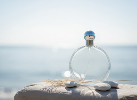 A clear, empty perfume bottle rests on weathered driftwood with smooth stones and a dried plant. The serene ocean background evokes a sense of natural beauty and calm.の素材