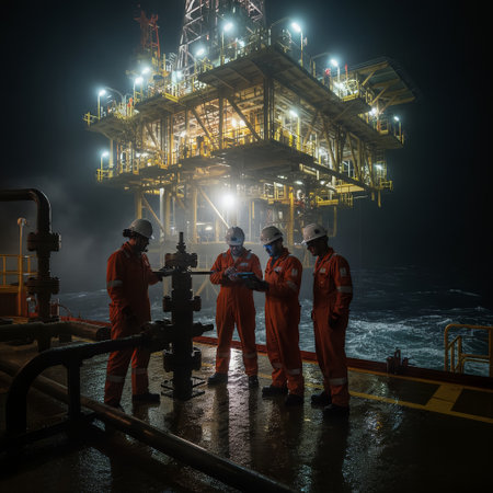 A team of offshore workers in safety gear are operating equipment on a brightly lit oil rig platform at night. The industrial scene highlights dedicated labor in challenging marine environments.の素材