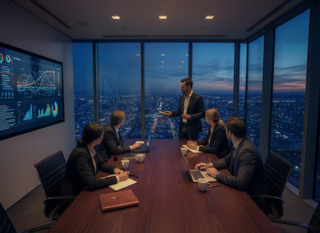 A team of business professionals collaborates during a strategic meeting in a modern high-rise office. They are discussing analytics with a stunning city skyline view at dusk, showcasing late-hour dedの素材