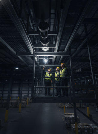 A team of industrial workers wearing hard hats and safety vests conducts an overhead equipment inspection on an elevated platform. They are focused on checking mechanical gears in a dimly lit factoryの素材