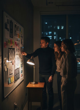 A diverse team engages in a late-night brainstorming session, focused on creative design for a new project. They review ideas on a whiteboard, illuminated by a desk lamp in a dimly lit office with citの素材