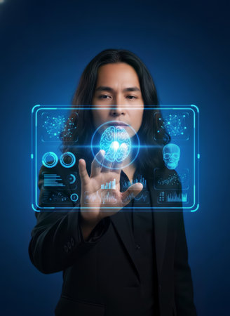 A man interacts with a glowing blue holographic screen, touching a vibrant brain icon at its center. This represents the integration of advanced technology with human intelligence and data management.の素材
