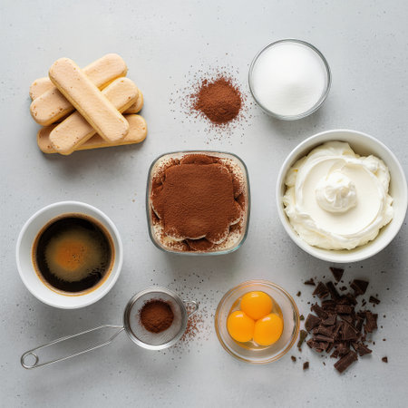 An overhead flat lay showcases various fresh ingredients arranged for making traditional Italian Tiramisu dessert. Bowls of espresso, mascarpone cream, egg yolks, sugar, and cocoa powder are ready aloの素材