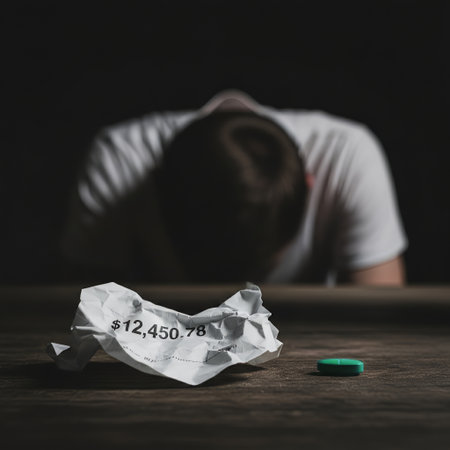 A person struggles with financial distress and debt, seen through a crumpled bill and a pill on a wooden table. This evokes feelings of depression and anxiety, highlighting mental health challenges reの素材