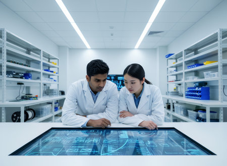 Diverse scientists in lab coats collaborate on a futuristic interactive data screen within a modern laboratory. They are focused on scientific research and technological development.の素材