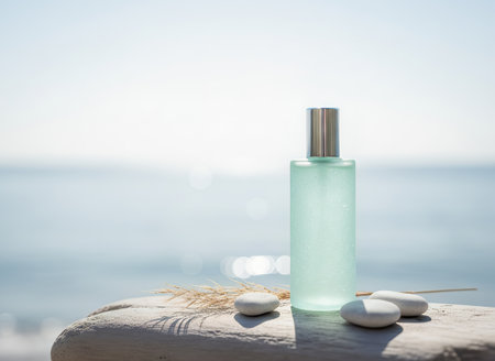 A serene and aesthetic outdoor display featuring a mint green bottle, white stones, and dried grass on driftwood. The sparkling sea provides a tranquil background for this natural beauty product conceの素材
