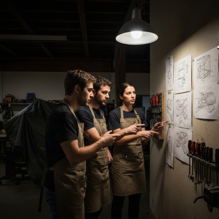 Three designers and engineers review technical drawings on a workshop wall. They are actively collaborating and discussing project plans in a focused studio environment.の素材