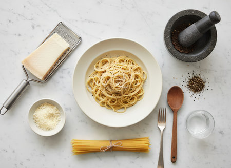 An overhead view captures a plate of Cacio e Pepe pasta, surrounded by Parmesan cheese, whole peppercorns, and uncooked spaghetti. The scene showcases traditional Italian food preparation on a clean mの素材