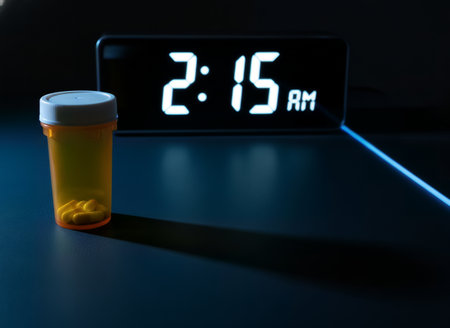 A pill bottle with yellow capsules sits beside a digital alarm clock displaying 2:15 AM in a dark room. This image conveys the struggle with sleeplessness and the need for medication in the early mornの素材
