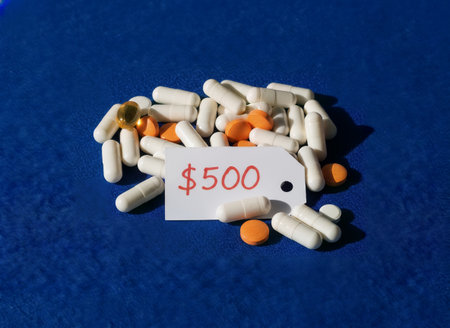 A pile of various pills and capsules is shown on a blue background, accompanied by a price tag displaying $500. This image highlights the significant cost associated with medication and healthcare.の素材