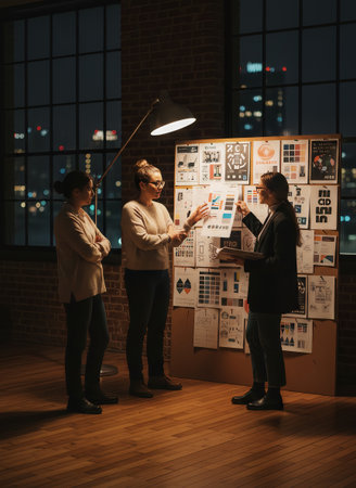 Three creative professionals collaborate on a design project during a late-night session in an urban office space. They are brainstorming ideas around a mood board, lit by a lamp, with city lights visの素材
